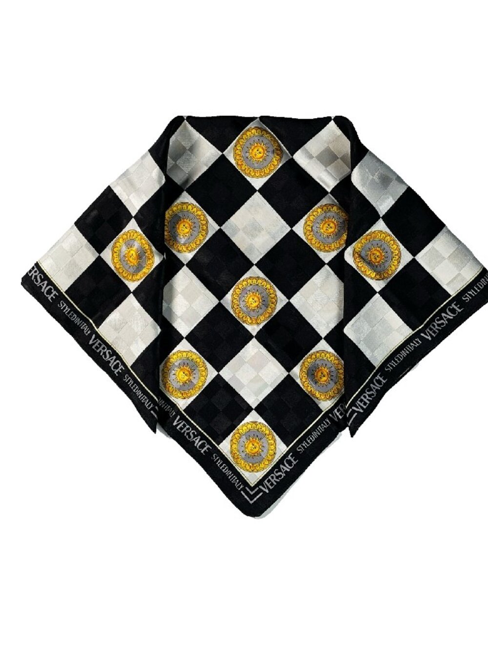 Versace Vintage Checkerboard Sun Print Scarf 53cm Black White Gold